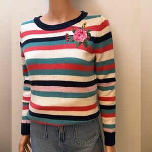LOFT Colorful Striped Sweater with Floral Detail